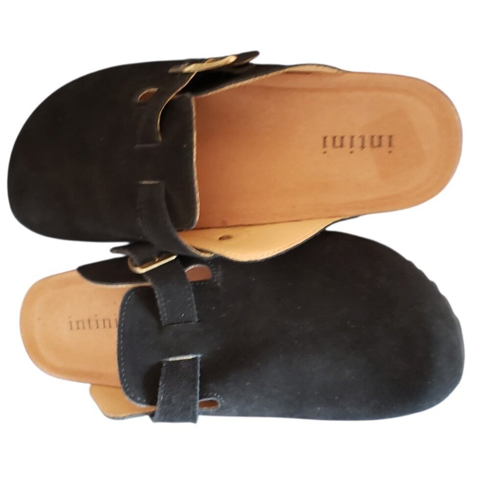Intini Suede Slip-On Clogs W/Adjustable Buckle Strap & Cork Sole Blk Size 43/10 - Picture 8 of 10